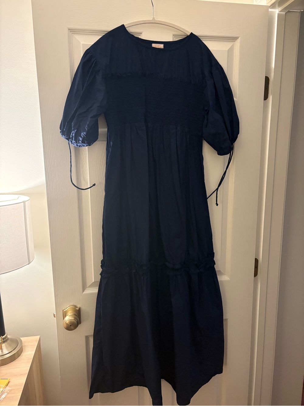 Smocked Puff-Sleeve Maxi Dress in Navy